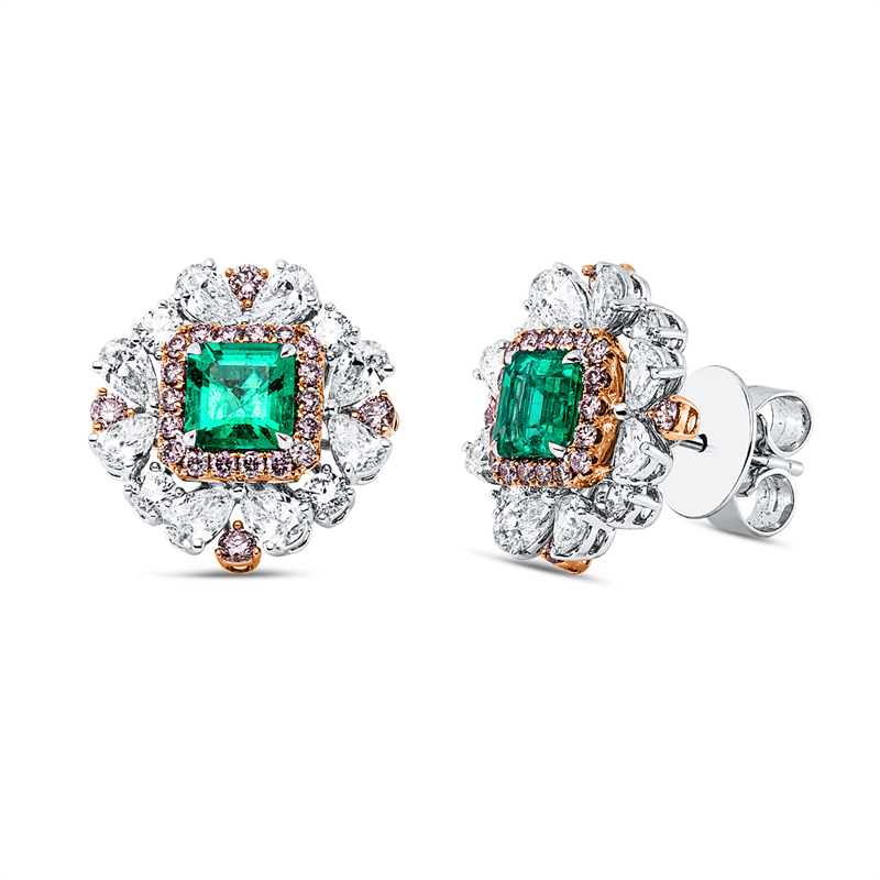 Ohrstecker 18kt,16 Tropfen 1,54ct,8 Brill.0,39ct,F-vvs/vs,44 Brill.0,56ct, pink,2 Smaragde 1,37ct grün
