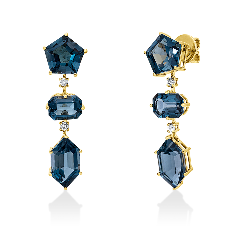 Ohrschmuck 18 kt GG, 4 Brill. 0,12 ct, TW-si, 4 Topase 8,80 ct Lond. blue, 2 Topase 2,60 ct Lond. blue