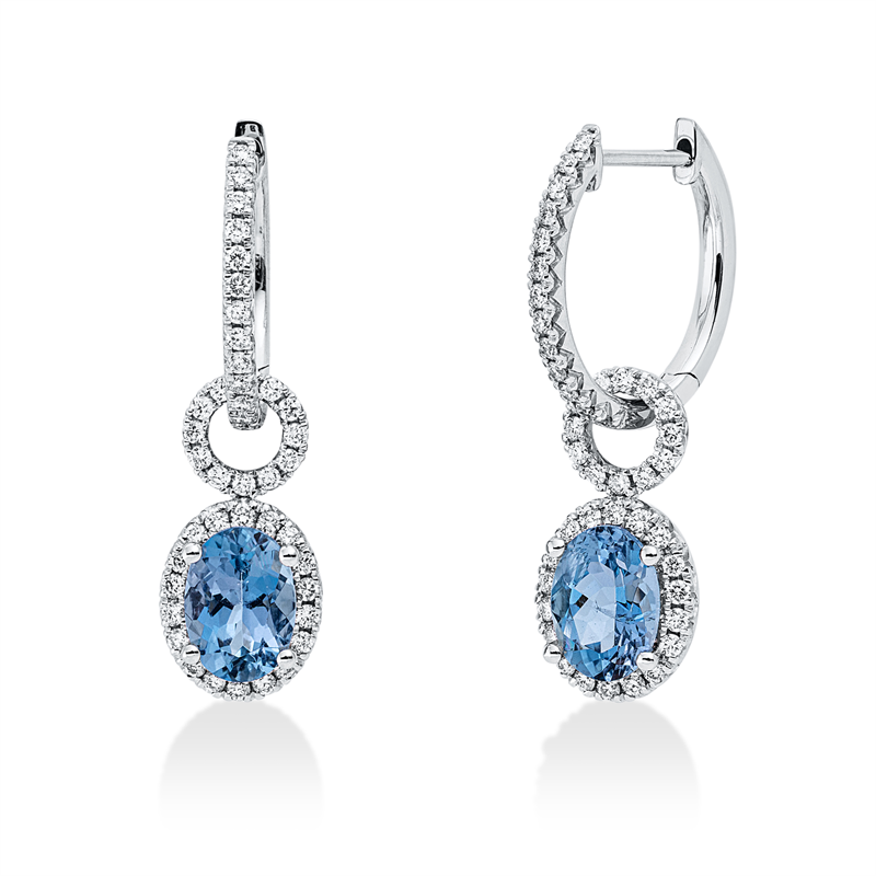 Ohrschmuck 18 kt WG, 86 Brill. 0,46 ct, TW-vsi, 2 Aquamarin 1,65 ct blau