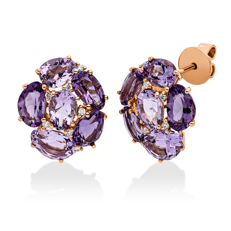 Ohrstecker 18 kt RG, 14 Brill. 0,11 ct, TW-si, 6 Amethyste 3,50 ct pink, 6 Amethyste 3,20 ct lila