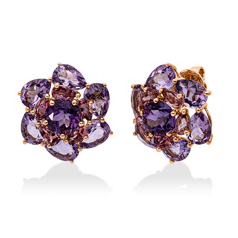 Ohrstecker 18 kt RG, 10 Turmalin 1,90 ct pink, 2 Amethyste 2,70 ct lila, 12 Amethyste 7,80 ct pink