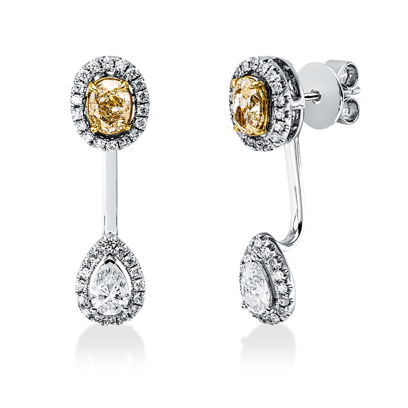 Ohrschmuck 18 kt WG+GG, 2 GIA, 2 Oval 0,82 ct, gelb-si1, 2 Tropfen 0,49 ct, 68 Brill. 0,35ct, TW-si
