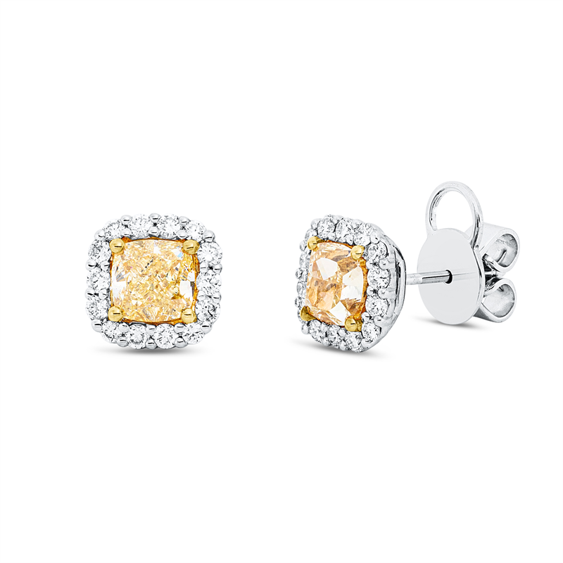 Ohrstecker 18 kt WG+GG, 28 Brill. 0,45 ct, TW-si, 2 Cushion 2,02 ct, gelb