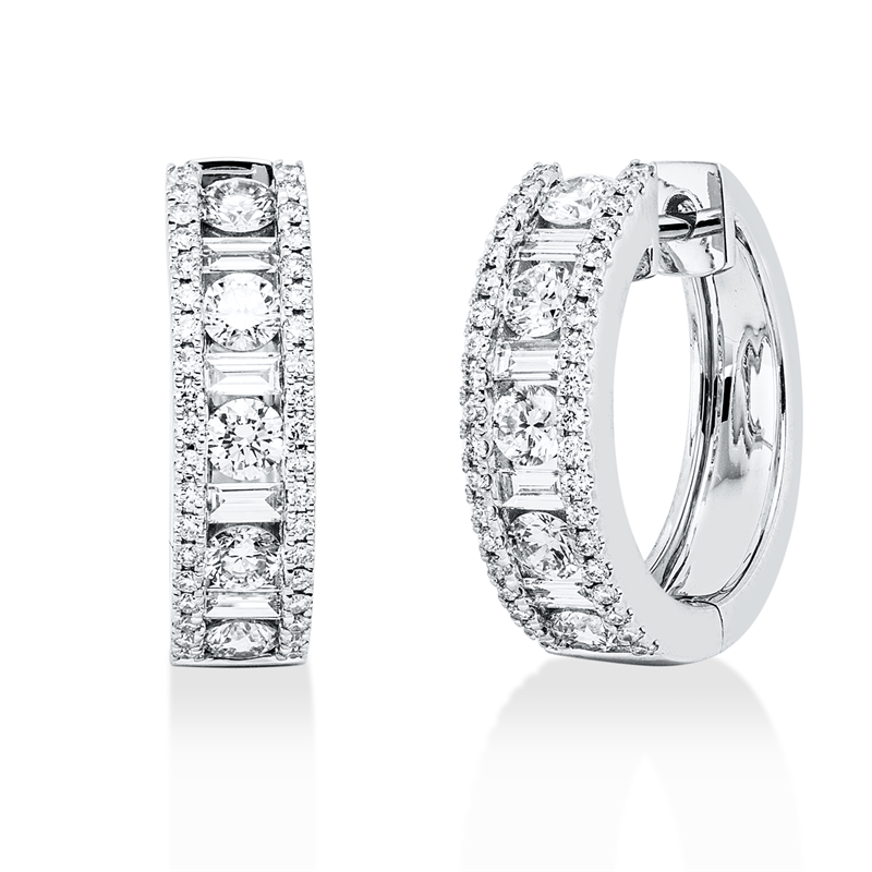 Creolen 18 kt WG, 10 Brill. 0,76 ct, TW-si, 8 Bag. 0,26 ct, TW-si, 76 Brill. 0,26 ct, TW-si