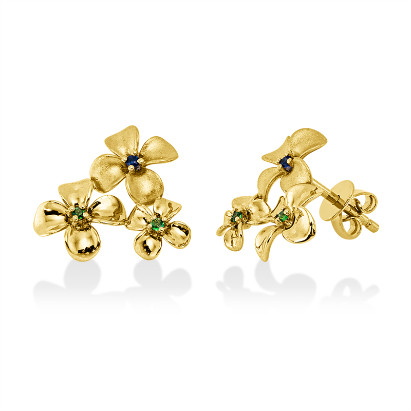 Ohrstecker 18 kt GG, teils mattiert, 2 Saphire 0,02 ct blau, 4 Tsavorith 0,04 ct grün