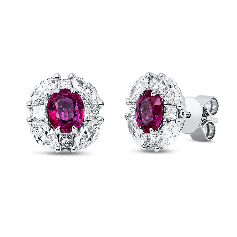 Ohrstecker 18 kt WG, 8 Nav. 1,23 ct, TW-vsi/si, 8 Princ. 0,42 ct, TW-vsi/si, 2 Rubine 1,44 ct rot