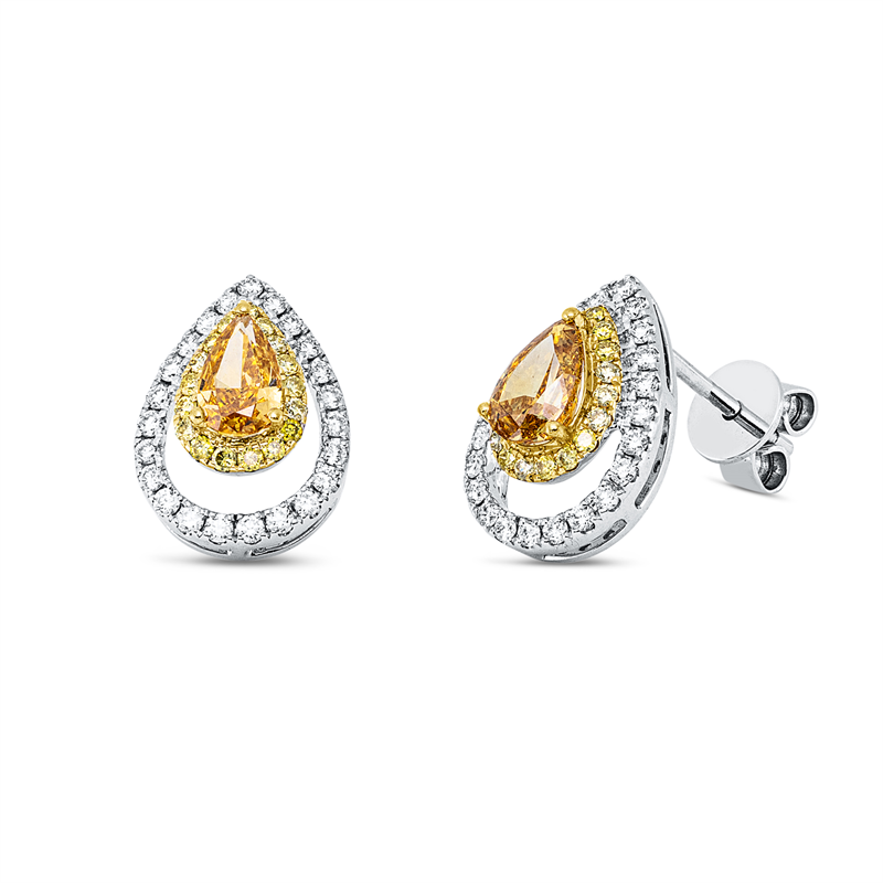 Ohrstecker 18 kt WG+GG, 44 Brill. 0,22 ct, TW-vsi, 2 Tropfen 0,63 ct, gelb, 32 Brill. 0,14 ct, gelb