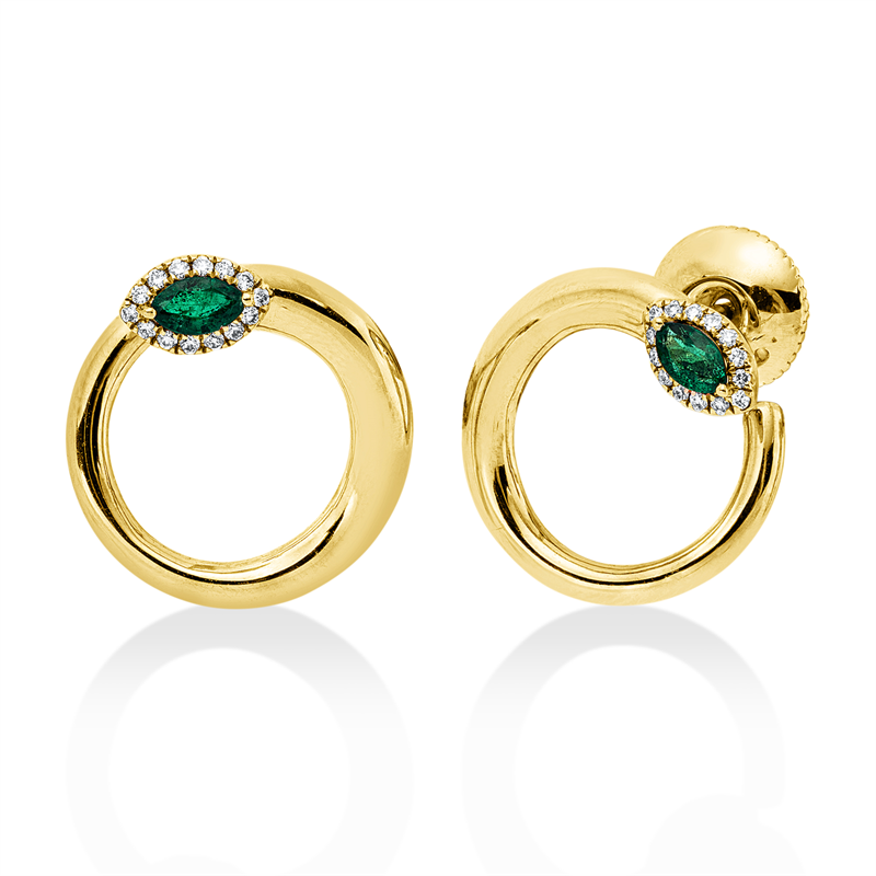Ohrstecker 18 kt RG, 28 Brill. 0,81 ct, F-vsi, 2 Smaragde 0,25 ct grün