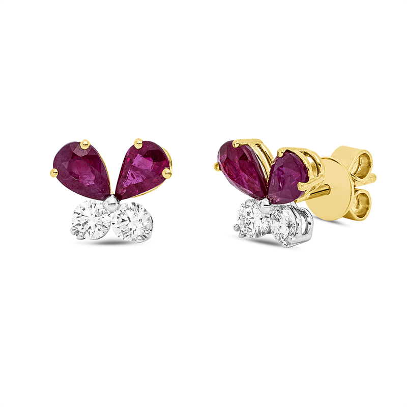 Ohrstecker 18 kt GG+WG, 4 Brill. 0,54 ct, F-vsi, 4 Rubine 2,04 ct rot