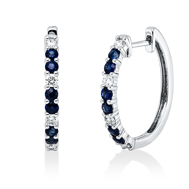 Creolen 18 kt WG, 8 Brill. 0,27 ct, TW-vsi/si, 12 Saphire 0,58 ct blau