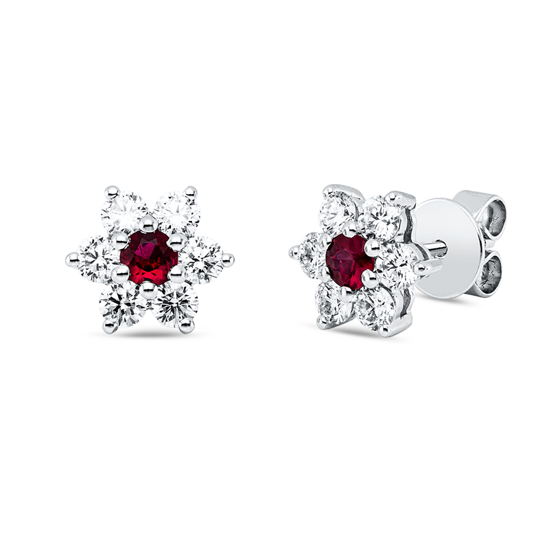 Ohrstecker 18 kt WG, 12 Brill. 0,73 ct, TW-vsi/si, 2 Rubine 0,22 ct rot