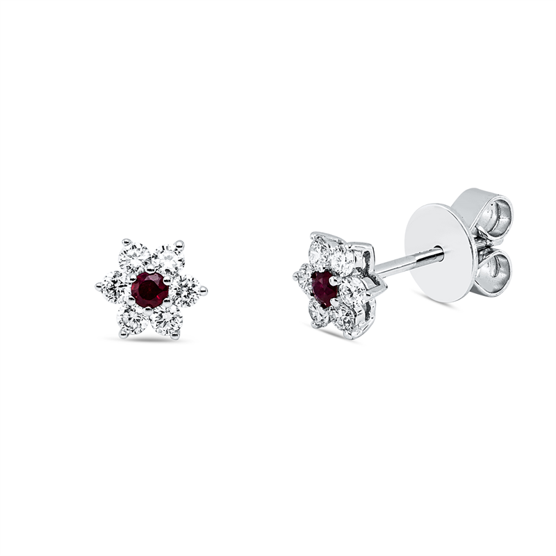 Ohrstecker 18 kt WG, 12 Brill. 0,74 ct, TW-vsi/si, 2 Rubine 0,29 ct rot