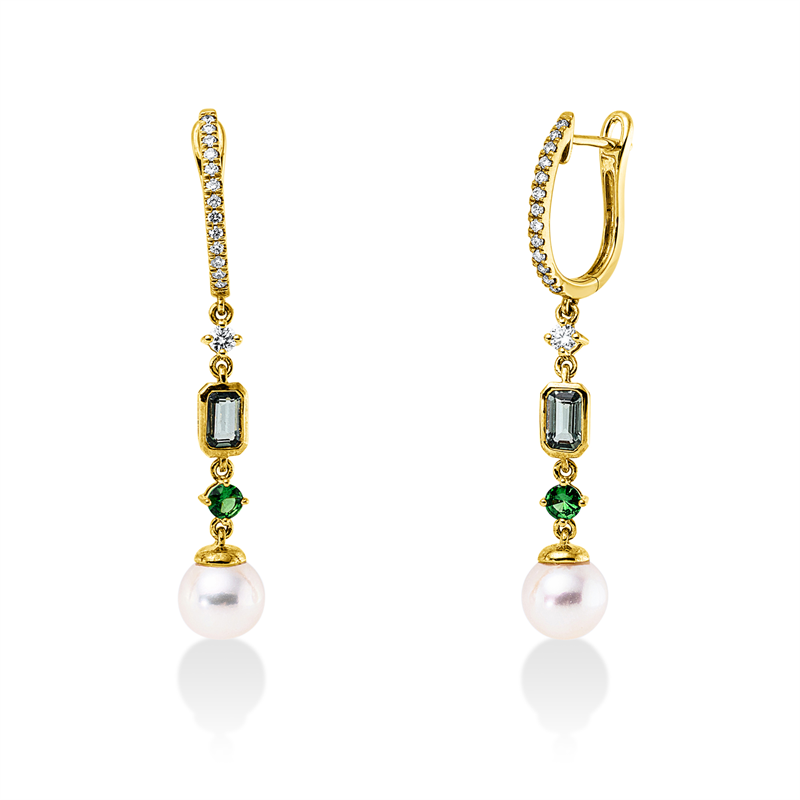 Ohrschmuck 18KG, 28 Brill.0,24ct, TW-si, 2 Tsavorith 0,21ct, 2 Saphire 0,69ct grün, 2 SW weiß 7 mm