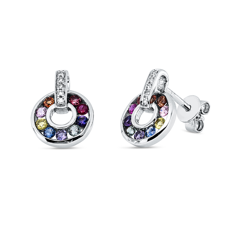 Ohrstecker 14 kt WG, 10 Brill. 0,04 ct, TW-si, 18 Farbsteine 0,54 ct multicolor