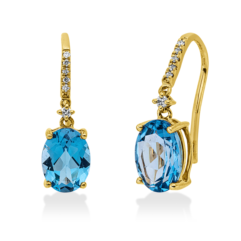 Ohrschmuck 18 kt GG, 12 Brill. 0,06 ct, W-si, 2 Topase 2,88 ct blau