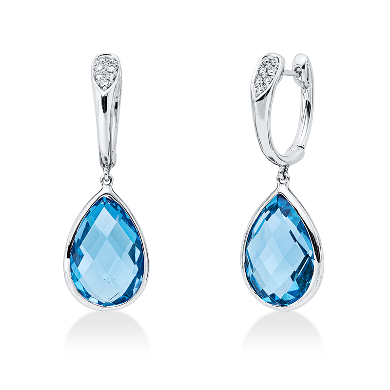 Ohrschmuck 18 kt WG, 14 Brill. 0,10 ct, W-si, 2 Topase 13,18 ct blau