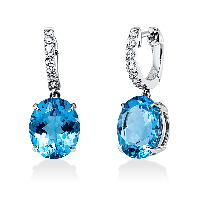 Ohrschmuck 18 kt WG, 14 Brill. 0,27 ct, TW-si, 2 Topase 10,00 ct blau