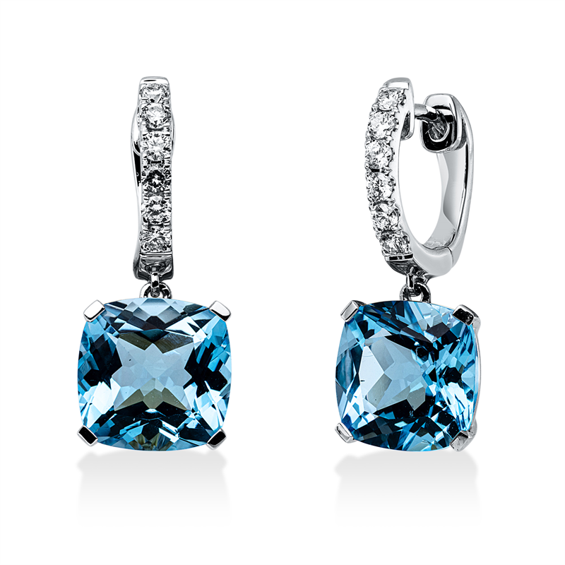 Ohrschmuck 18 kt WG, 12 Brill. 0,27 ct, TW-si, 2 Topase 9,00 ct blau
