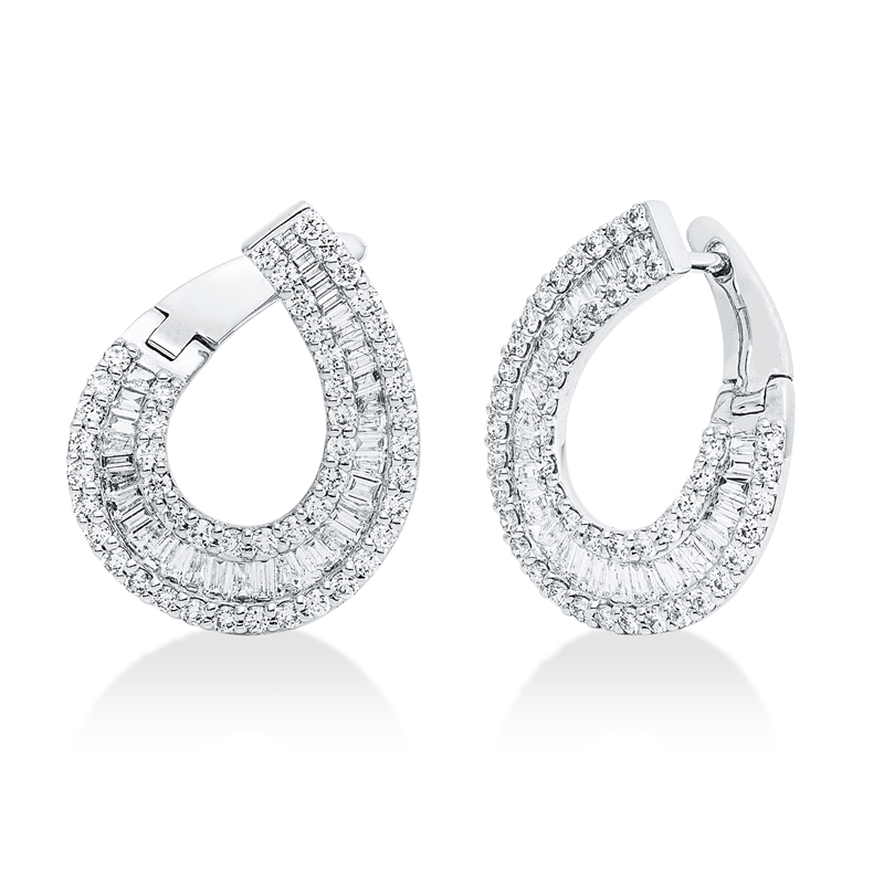 Ohrschmuck 18 kt WG, 30 Trap. 0,34 ct, TW-si, 46 Bag. 0,39 ct, TW-si, 96 Brill. 0,96 ct, TW-si