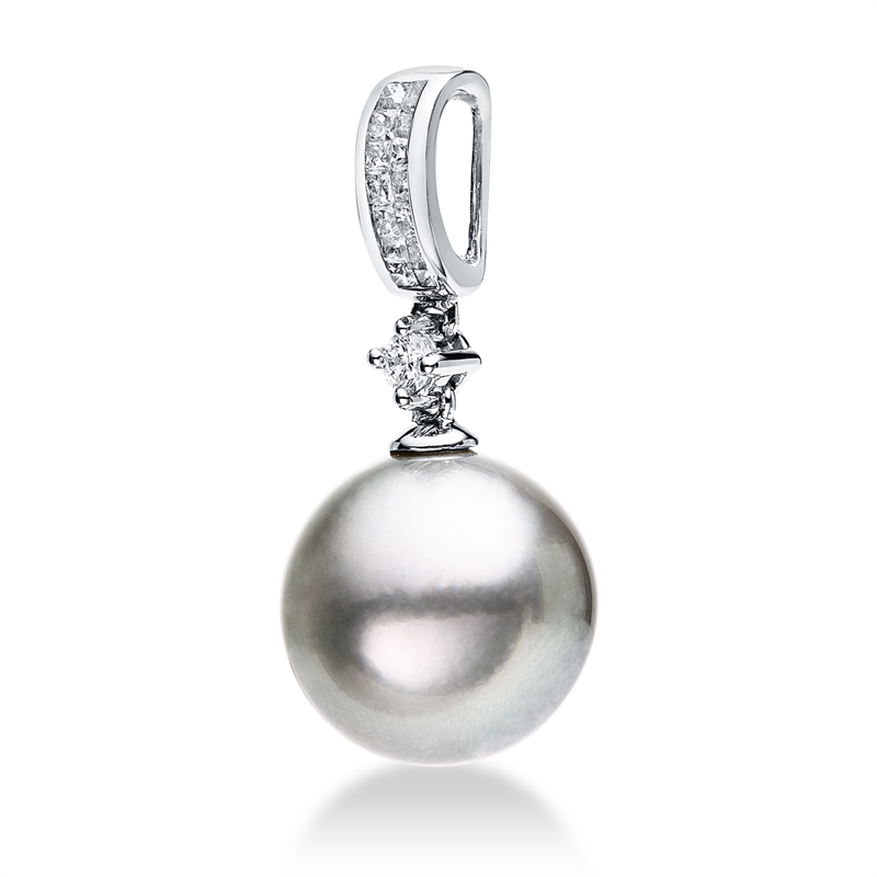Anhänger 18 kt WG, 14 Princ. 0,10 ct, W-si, 1 Brill. 0,02 ct, W-si, 1 TA silbergrau 10,5 mm
