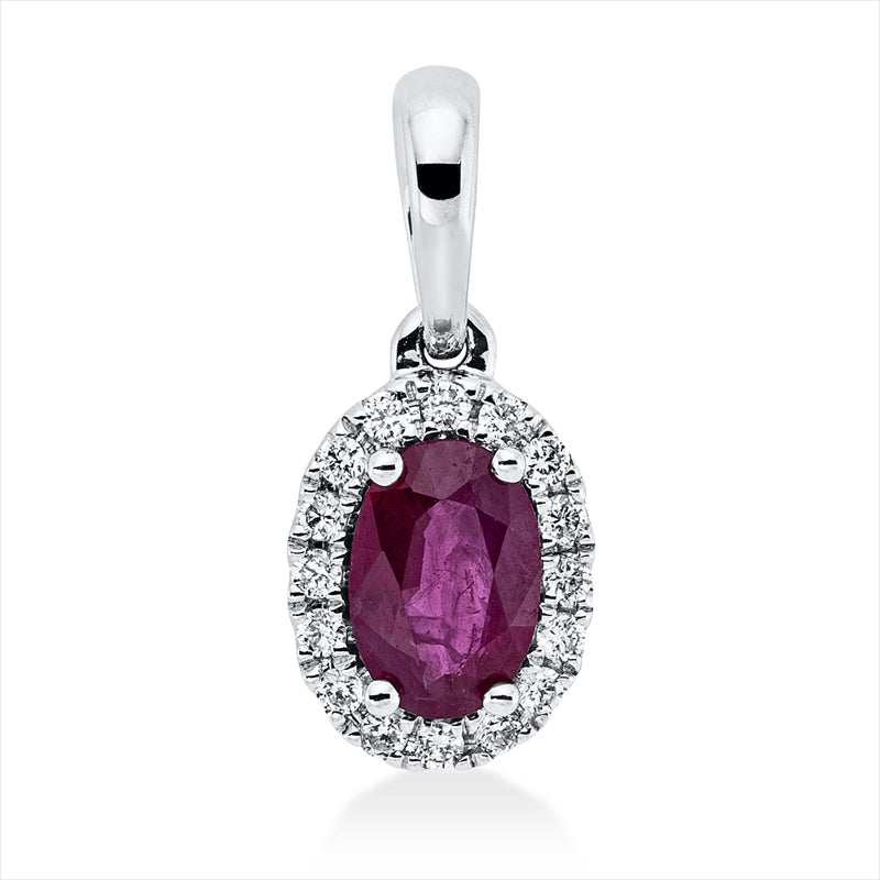 Anhänger 18 kt WG, mit Öse, 16 Brill. 0,08 ct, TW-si, 1 Rubin 0,46 ct rot