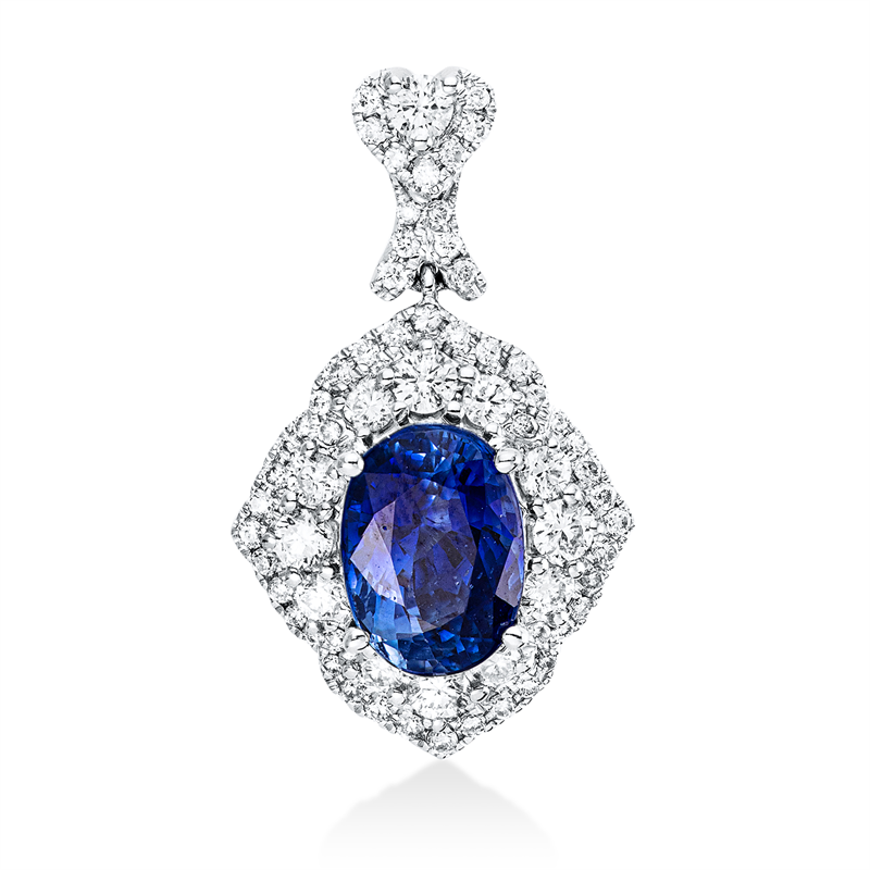 Anhänger 18 kt WG, mit Öse, 13 Brill. 0,42 ct, TW-si, 53 Brill. 0,28 ct, TW-si, 1 Saphir 2,85 ct blau