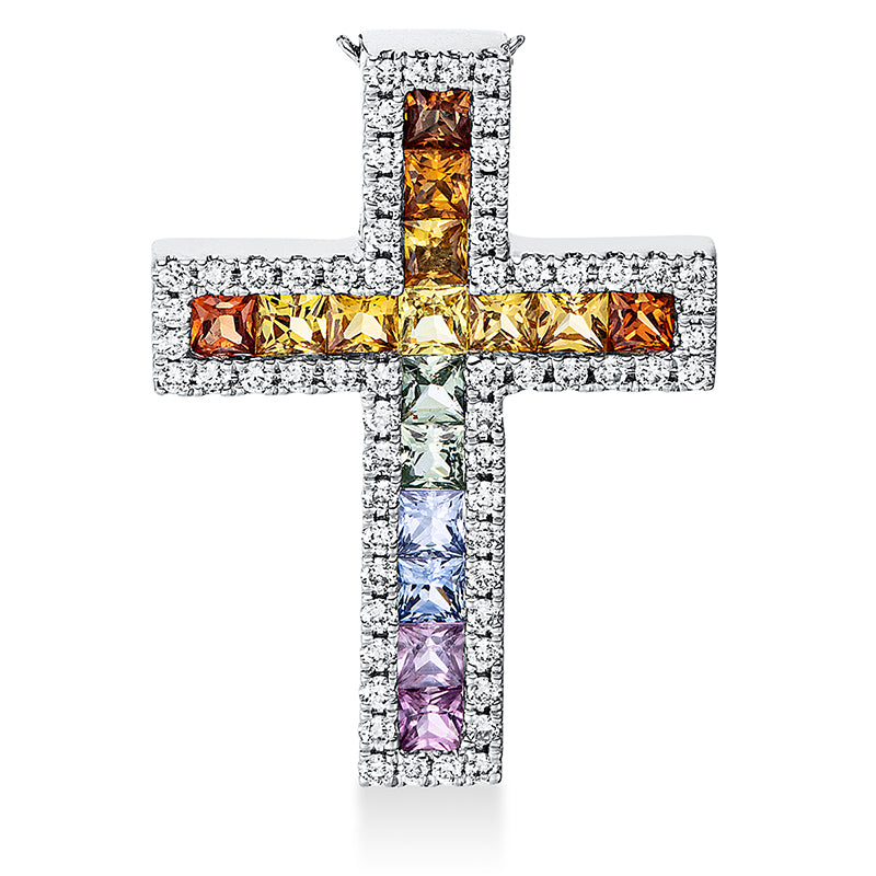 Anhänger 18 kt WG, 62 Brill. 0,31 ct, TW-si, 16 Saphire 1,27 ct multicolor