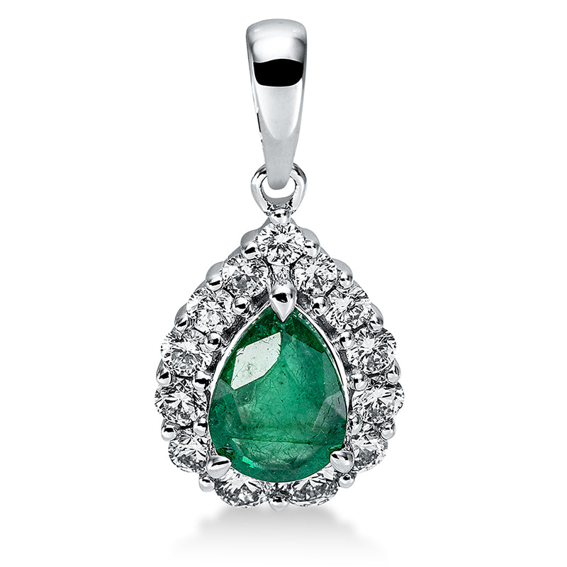 Anhänger 18 kt WG, mit Öse, 13 Brill. 0,36 ct, TW-si, 1 Smaragd 0,63 ct grün