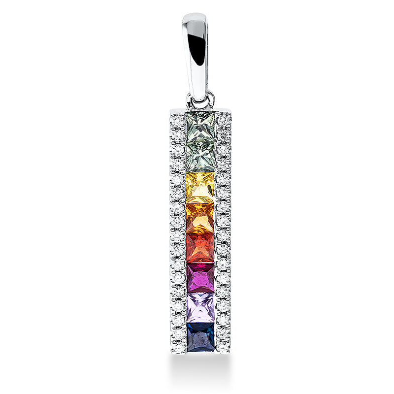Anhänger 18 kt WG, mit Öse, 8 Saphire 0,81 ct multicolor, 34 Brill. 0,12 ct, TW-si
