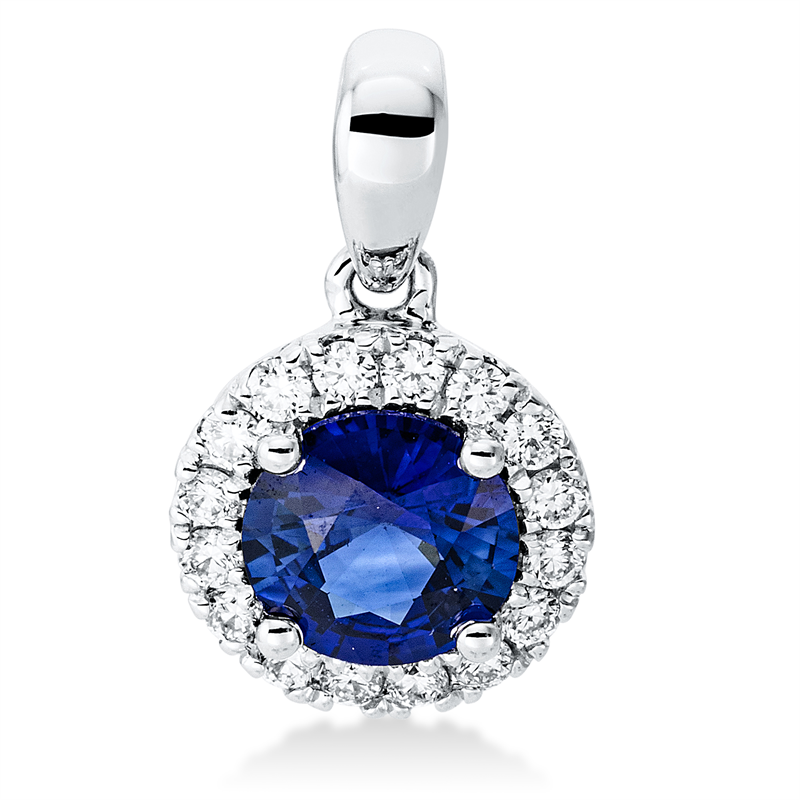 Anhänger 18 kt WG, mit Öse, 16 Brill. 0,17 ct, TW-vsi, 1 Saphir 1,25 ct blau