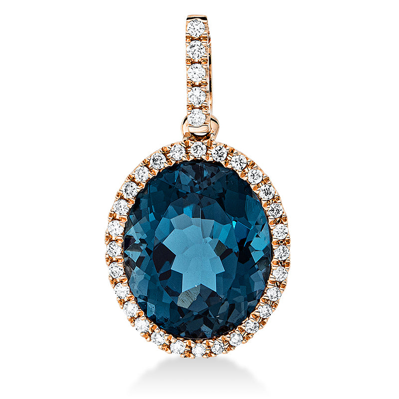 Anhänger 18 kt RG, mit Öse, 33 Brill. 0,15 ct, TW-si, 1 Topas 4,40 ct Lond. blue