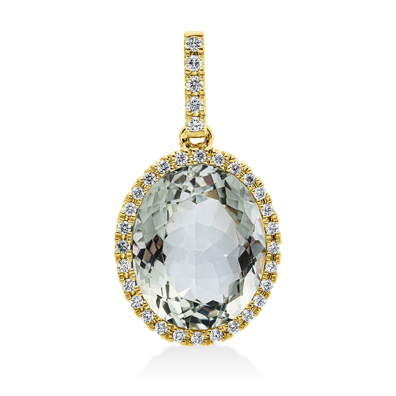Anhänger 18 kt GG, mit Öse, 33 Brill. 0,15 ct, TW-si, 1 Amethyst 3,30 ct grün