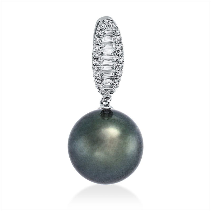 Anhänger 18 kt WG, 9 Trap. 0,13 ct, W-si, 24 Brill. 0,11 ct, W-si, 1 TA grün 10,5 mm