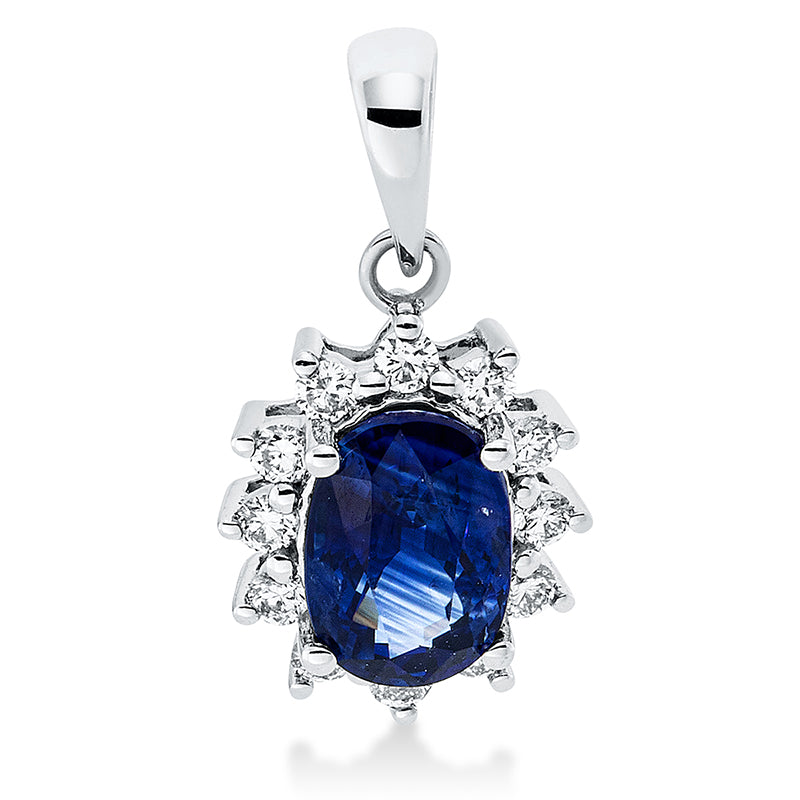 Anhänger 18 kt WG, mit Öse, 12 Brill. 0,14 ct, TW-si, 1 Saphir 1,05 ct blau