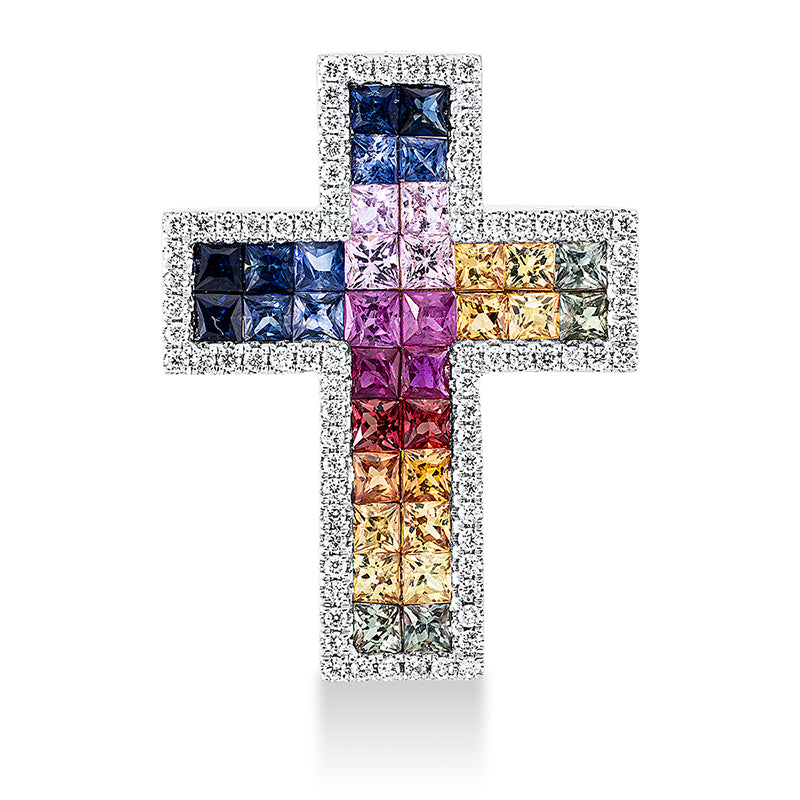 Anhänger 18 kt RG, Fassung rhodiniert, 80 Brill. 0,40 ct, TW-si, 34 Saphire 3,23 ct fancy