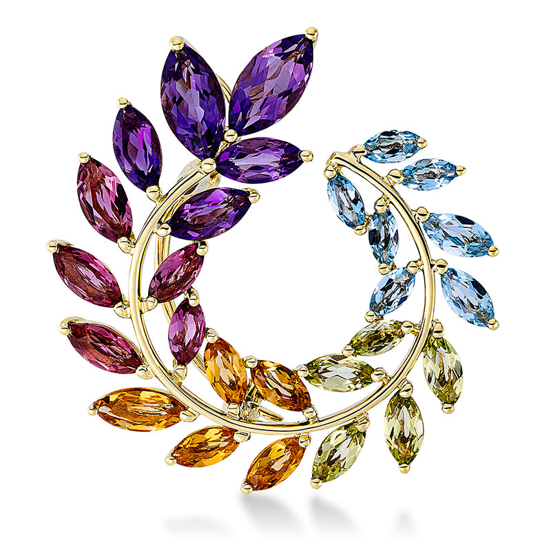 Brosche 18 kt GG, 27 Farbsteine 4,70 ct multicolor