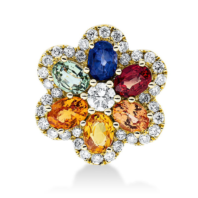 Anhänger 18 kt GG, 1 Brill. 0,09 ct, TW-si, 36 Brill. 0,26 ct, TW-si, 6 Saphire 2,44 ct fancy