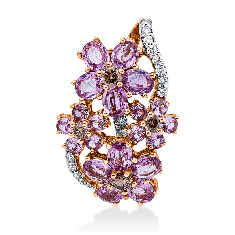 Anhänger 18 kt RG+WG, 16 Brill. 0,30 ct, TW-vsi/si, 4 Brill. 0,53 ct, braun, 20 Saphire 4,99 ct pink