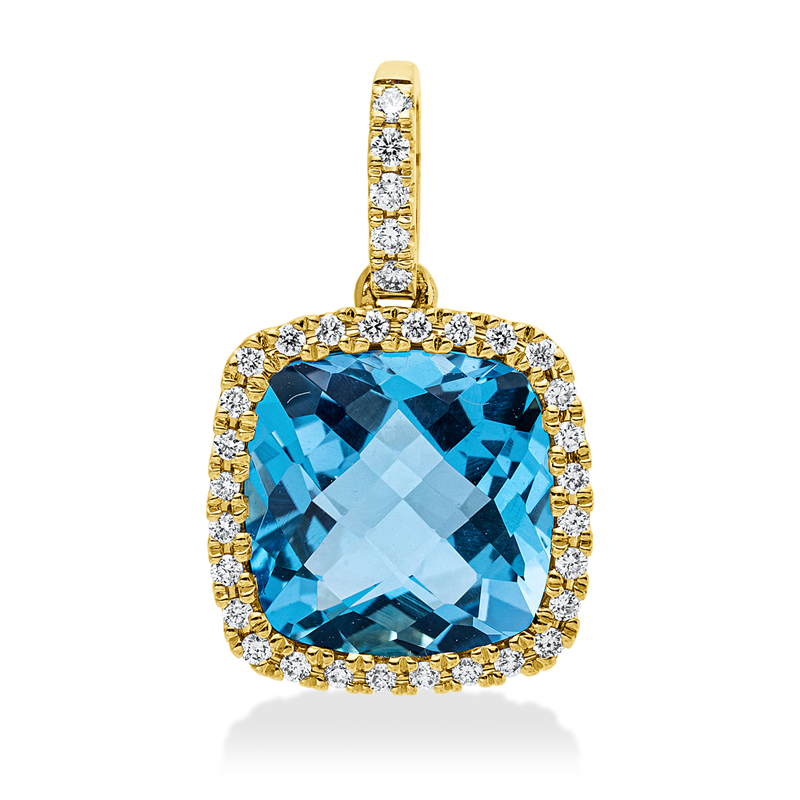 Anhänger 18 kt GG, mit Öse, 33 Brill. 0,16 ct, TW-si, 1 Topas 4,10 ct blau