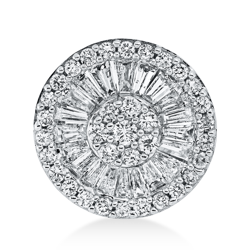 Anhänger 18 kt GG, Fassung rhodiniert, 22 Trap. 0,47 ct, TW-si, 34 Brill. 0,26 ct, TW-si