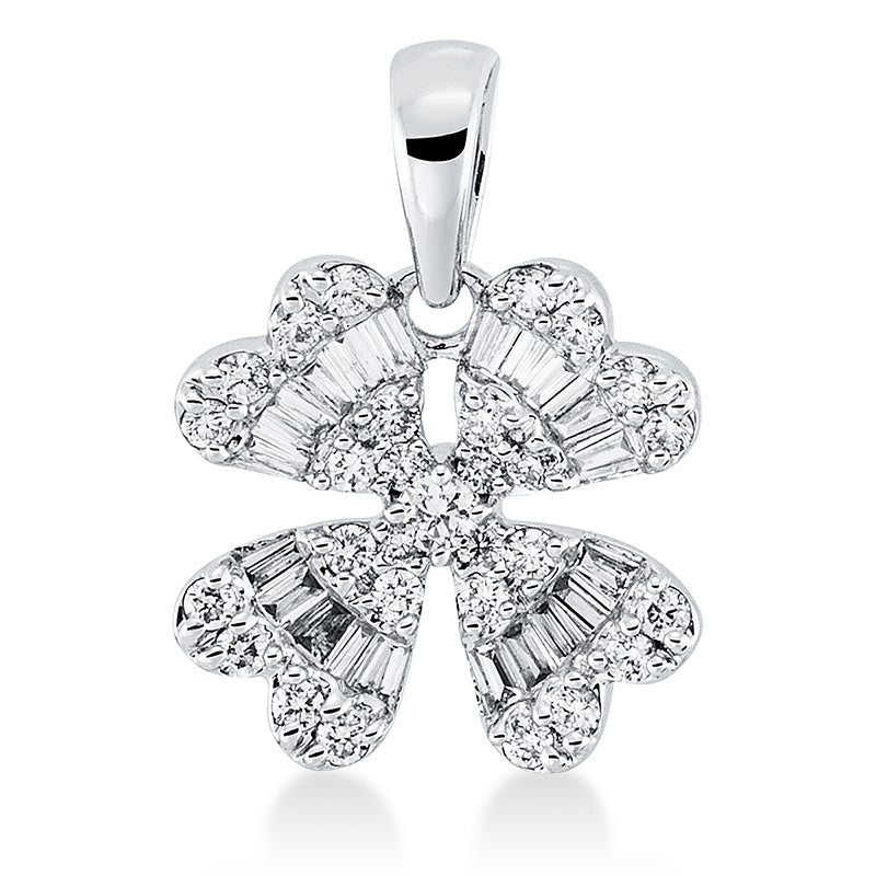 Anhänger 18 kt WG, mit Öse, 28 Brill. 0,15 ct, 20 Trap. 0,18 ct, 1 Brill. 0,02 ct, TW-si