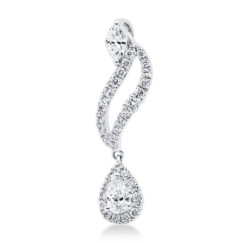 Anhänger 18 kt WG, 1 Brill. 0,01 ct, 1 Nav. 0,08 ct, 1 Tropfen 0,11 ct, 33 Brill. 0,15 ct, TW-si