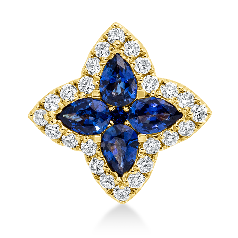 Anhänger 18 kt GG, 24 Brill. 0,16 ct, TW-si, 4 Saphire 0,38 ct blau, 1 Saphir 0,01 ct blau