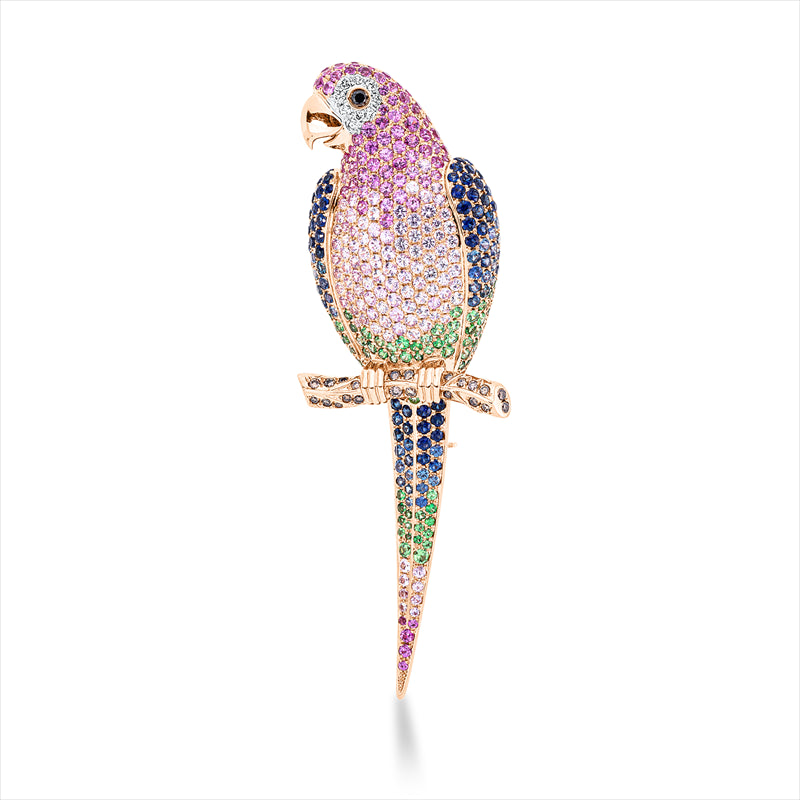 Brosche 18 kt RW, 9 Brill. 0,08 ct, vsi, 24 Brill. 0,25 ct, braun, 1 Brill. 0,04 ct, schwarz, 377 Sap 6,92 ct multi