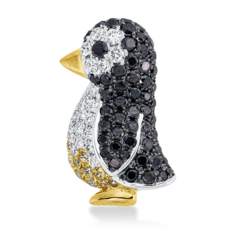 Brosche 18 kt WG+GG, Fassung teils schwarz rhodinie, 21 Brill. 0,27 ct, TW-vsi, 54 Brill. 0,89 ct, schwarz, 10 Saphire 0,14 ct gelb