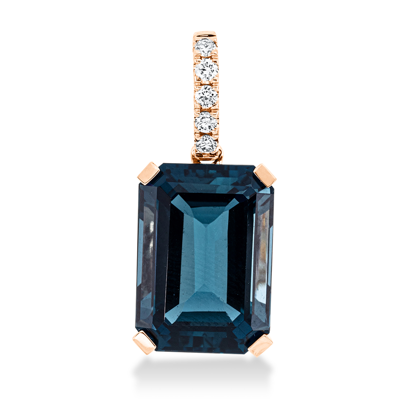 Anhänger 18 kt RG, mit Öse, 5 Brill. 0,10 ct, TW-si, 1 Topas 10,00 ct Lond. blue