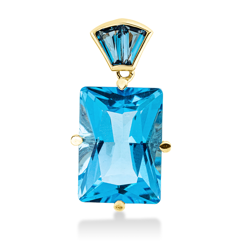 Anhänger 18 kt GG, 2 Topase 0,40 ct Lond. blue, 1 Topas 10,40 ct blau