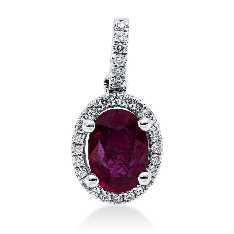 Anhänger 18 kt WG, mit Öse, 31 Brill. 0,12 ct, TW-si, 1 Rubin 0,89 ct rot