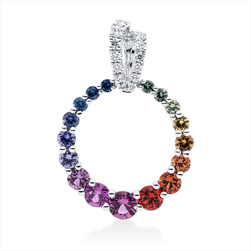 Anhänger 18 kt WG, 13 Brill. 0,08 ct, TW-si, 17 Saphire 0,69 ct fancy