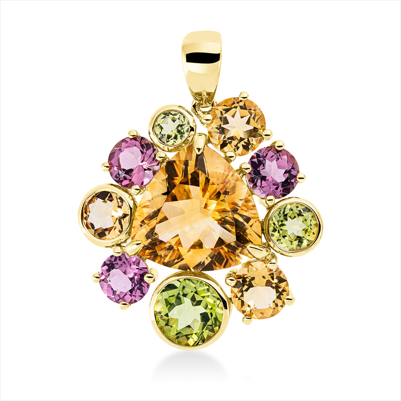 Anhänger 18 kt GG, mit Öse, 1 Citrin 4,80 ct gelb, 9 Farbsteine 4,00 ct multicolor
